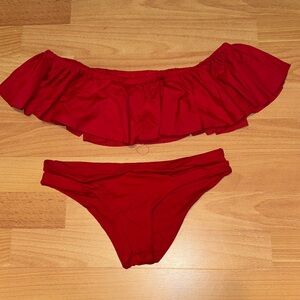 l*space Red Off-Shoulder Ruffle Bikini Set